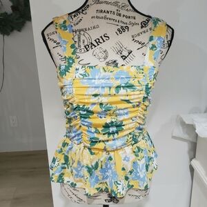 ECLAIR  | Yellow/Blue Floral Rouched Tank Top
